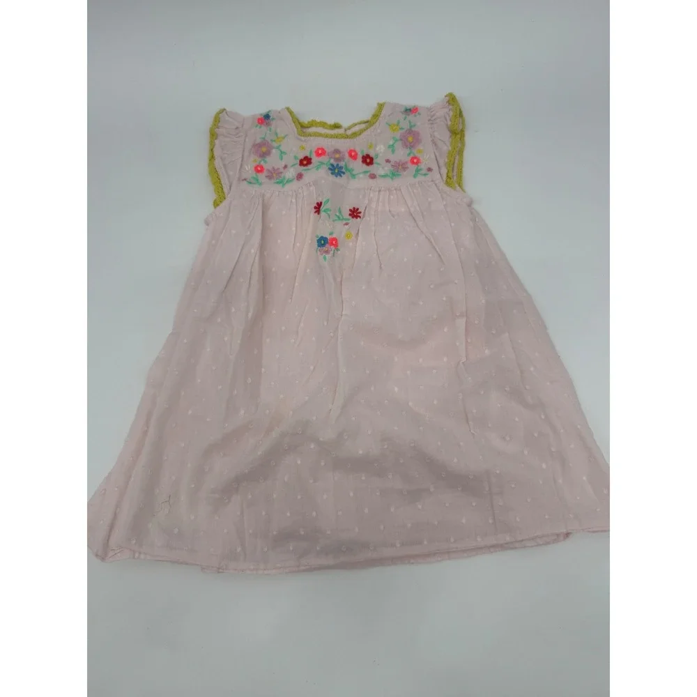 Boden Baby 18-24M Pink Floral Embroidered Dress Flutter Sleeve Boho Cottagecore